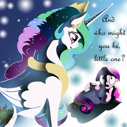 Size: 4096x4096 | Tagged: safe, artist:silfoe, princess cadance, princess celestia, alicorn, pony, g4, my little pony chapter books, twilight sparkle and the crystal heart spell, absurd resolution, ascension realm, concave belly, derail in the comments, duo, female, filly, folded wings, looking at each other, looking at someone, mare, pegasus cadance, princess celestia's special princess making dimension, scared, scene interpretation, slender, stars, thin, void, wings, younger