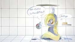 Size: 1191x670 | Tagged: safe, artist:kty159, derpy hooves, pegasus, pony, g4, female, mare, shower, solo, wet mane