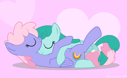 Size: 3316x2037 | Tagged: safe, artist:bluemeganium, rainbowshine, spring melody, sprinkle medley, pony, cuddling, cute, eyes closed, female, heart, intertwined tails, lesbian, love, shipping, snuggling, sprinkleshine