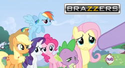 Size: 848x464 | Tagged: safe, edit, edited screencap, screencap, applejack, fluttershy, pinkie pie, rainbow dash, rarity, spike, twilight sparkle, a canterlot wedding, g4, brazzers, hub logo, mane seven, mane six, meme, out of context, stoner spike