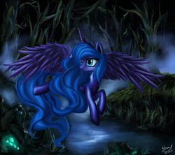 Size: 800x711 | Tagged: safe, artist:daffydream, princess luna, alicorn, pony, g4, everfree forest, female, flying, scenery, solo