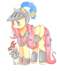 Size: 800x1000 | Tagged: safe, artist:harmonia, artist:inkse, angel bunny, fluttershy, pegasus, pony, rabbit, g4, animal, armor, blush sticker, blushing, duo, fantasy class, female, flower, flower in hair, flower in tail, flutterknight, folded wings, helmet, knight, mare, peytral, simple background, standing, tail, three quarter view, transparent background, warrior, wing armor, wings
