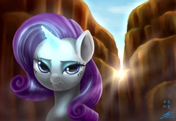Size: 2500x1723 | Tagged: safe, artist:mrs1989, rarity, g4, canyon, female, looking at you, magic, solo, sunrise