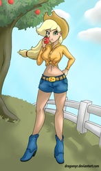 Size: 706x1200 | Tagged: safe, artist:dragomyr, applejack, human, g4, apple, belly button, breasts, busty applejack, clothes, daisy dukes, eating, female, fence, front knot midriff, humanized, midriff, obligatory apple, solo