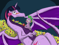 Size: 900x692 | Tagged: safe, artist:johnjoseco, spike, twilight sparkle, dragon, g4, blushing, colored, dragon hoard, dragoness, dragonified, duo, duo male and female, female, gem, hoard, male, mama twilight, species swap, treasure, twilidragon