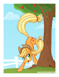 Size: 2550x3300 | Tagged: safe, artist:helhoof, applejack, g4, applebucking, bucking, female, fence, solo, tree