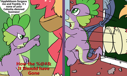 Size: 1000x600 | Tagged: safe, artist:cobramcjingleballs, big macintosh, spike, earth pony, pony, comic:dragon you over, g4, comic, defenestration, kick the son of a bitch, male, spikeabuse, stallion