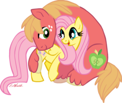 Size: 505x429 | Tagged: safe, artist:kenaibear, big macintosh, fluttershy, earth pony, pony, g4, hug, larger male, male, ship:fluttermac, shipping, size difference, smaller female, stallion, straight