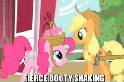 Size: 260x173 | Tagged: safe, edit, edited screencap, screencap, applejack, pinkie pie, g4, party of one, animated, basket hat, butt, butt shake, caption, female, hat, out of context, plot, twerking