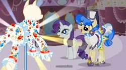 Size: 831x462 | Tagged: safe, screencap, rarity, sapphire shores, earth pony, pony, unicorn, a dog and pony show, g4, carousel boutique, communism, jewelry, youtube caption