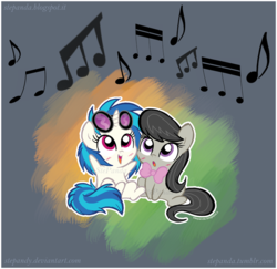 Size: 700x680 | Tagged: safe, artist:stepandy, dj pon-3, octavia melody, vinyl scratch, g4, chibi, music, music notes, watermark