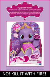 Size: 632x974 | Tagged: safe, oc, oc only, oc:princess twila, caption, fake, offspring, parent:prince blueblood, parent:twilight sparkle, parents:twiblood, seems legit, text, toy