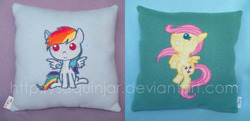 Size: 1000x484 | Tagged: safe, artist:sequinjar, fluttershy, rainbow dash, friendship is magic, g4, cushion, cute, female, pillow, plushie