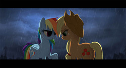 Size: 1203x648 | Tagged: safe, artist:ruhje, applejack, rainbow dash, g4, female, lesbian, letterboxing, rain, ship:appledash, shipping