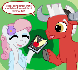 Size: 720x648 | Tagged: safe, artist:ficficponyfic, taurus (g4), virgo (g4), earth pony, pony, g4, apple, book, clothes, duo, duo male and female, eyes closed, eyeshadow, fake horns, female, hooves, horoscope, makeup, male, mare, ponyscopes, raised hoof, stallion, taurus, twilight (series), virgo, zodiac