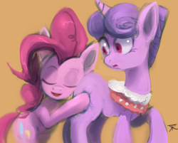 Size: 994x800 | Tagged: safe, artist:grissaecrim, north star, pinkie pie, earth pony, pony, g4, :o, blank flank, butt, butt grab, butthug, eyes closed, faceful of ass, female, grope, looking back, plot, raised hoof, rubbing, smiling, snuggling, wide eyes