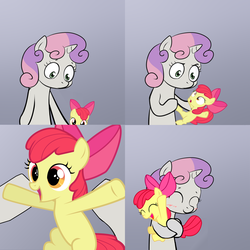 Size: 2000x2000 | Tagged: safe, apple bloom, sweetie belle, g4, exploitable meme, hug, meme, size difference, sweetie's note meme