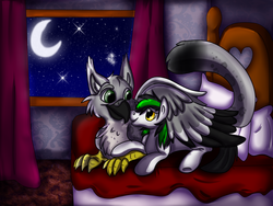 Size: 2000x1500 | Tagged: safe, artist:blooroo, oc, oc only, oc:spinton nocturne, oc:trance sequence, griffon, bed, moon, night, nuzzling