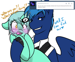 Size: 1080x900 | Tagged: safe, artist:azure-doodle, lyra heartstrings, star hunter, pegasus, pony, unicorn, g4, background pony, blushing, clothes, dialogue, doctor who, female, heart, implied pansexual, jack harkness, looking at you, male, mare, open mouth, ponified, sexually confused lyra, simple background, smiling, stallion, torchwood, tumblr, white background