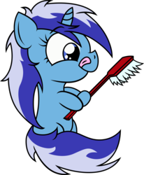 Size: 5403x6548 | Tagged: safe, artist:rainbowplasma, minuette, pony, unicorn, g4, absurd resolution, chibi, cute, female, filly, foal, licking, licking lips, simple background, solo, tongue out, toothbrush, transparent background