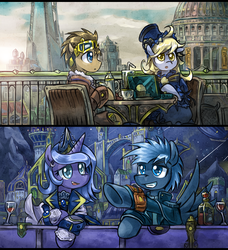 Size: 700x769 | Tagged: safe, artist:saturnspace, derpy hooves, doctor whooves, princess luna, star hunter, time turner, pegasus, pony, clockwise whooves, g4, breakfast, canterlot, clockpunk, contrast, doctor who, female, jack harkness, mare, muffin, night, pointing, tea, wine, wine bottle, wine glass