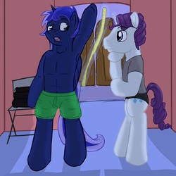 Size: 1280x1280 | Tagged: safe, artist:fuzebox, princess luna, rarity, g4, belly button, boxers, briefs, clothes, elusive, front view, gay, male, prince artemis, rule 63, topless, underwear