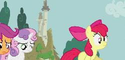 Size: 622x300 | Tagged: safe, screencap, apple bloom, scootaloo, sweetie belle, earth pony, pony, g4, ponyville confidential, animated, cutie mark crusaders, derp, female, force field, scrunchy face