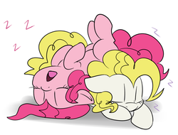 Size: 950x721 | Tagged: safe, artist:lustrous-dreams, pinkie pie, surprise, earth pony, pegasus, pony, g1, g4, adoraprise, cute, diapinkes, eyes closed, female, g1 to g4, generation leap, lying down, mare, on back, onomatopoeia, open mouth, pony pile, sleeping, sleeping surprise, snoring, z, zzz