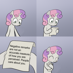 Size: 600x600 | Tagged: safe, artist:lemondevil, sweetie belle, g4, blushing, comic, crying, exploitable meme, happy, hug, meme, note, paper, sweetie hugs a note, sweetie's note meme, truth