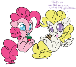 Size: 950x835 | Tagged: safe, artist:lustrous-dreams, pinkie pie, surprise, earth pony, pegasus, pony, g1, g4, adoraprise, cookie, cute, dialogue, diapinkes, drink, drinking, filly, floppy ears, g1 to g4, generation leap, juice box, looking at you, simple background, sitting, smiling, straw, underhoof, white background, younger