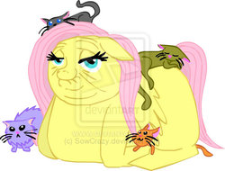 Size: 1060x806 | Tagged: safe, artist:sowcrazy, fluttershy, pegasus, pony, g4, crazy cat lady, elderly, fat, fattershy, jabba the hutt, obese, older, older fluttershy