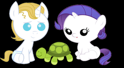 Size: 900x495 | Tagged: safe, artist:sadaslhey, prince blueblood, rarity, pony, turtle, g4, baby, baby pony, cute, diaper, prince bluebetes