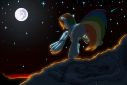 Size: 1440x960 | Tagged: safe, artist:firgof, rainbow dash, g4, backlighting, behind, cloud, cloudy, mare in the moon, moon, night, sunset