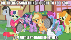 Size: 1280x720 | Tagged: safe, apple bloom, applejack, berry punch, berryshine, bon bon, carrot top, golden harvest, lance (g4), lucky clover, ruby pinch, sweetie drops, twilight sparkle, earth pony, pony, unicorn, g4, bon bon is not amused, female, fencing, image macro, male, mare, stallion, the princess bride
