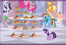 Size: 722x496 | Tagged: safe, applejack, fluttershy, pinkie pie, rainbow dash, rarity, spike, twilight sparkle, earth pony, pegasus, pony, unicorn, g4, official, castle creator, female, mare, stock vector, unicorn twilight, wat