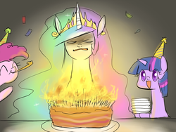 Size: 1000x750 | Tagged: safe, artist:yubi, pinkie pie, princess celestia, twilight sparkle, g4, birthday, birthday cake, cake, excalibur face, food, hat, immortality blues, party, party hat, party horn