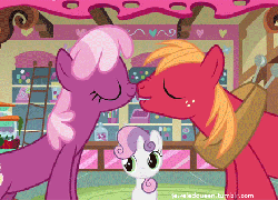 Size: 440x317 | Tagged: safe, screencap, big macintosh, cheerilee, sweetie belle, earth pony, pony, g4, hearts and hooves day (episode), animated, cropped, hearts and hooves day, lip bite, loop, male, nose wrinkle, nuzzling, ship:cheerimac, shipping, stallion, straight