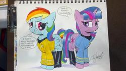 Size: 1023x577 | Tagged: safe, artist:andypriceart, rainbow dash, twilight sparkle, boots, crossover, james t kirk, rainbow kirk, spock, spork, star trek, star trek (tos), traditional art, twilight spockle