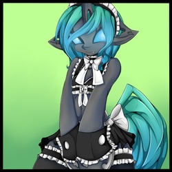 Size: 822x822 | Tagged: safe, artist:rainbowscreen, oc, oc only, oc:jewel, changeling, changeling queen, semi-anthro, arm hooves, blue changeling, changeling oc, changeling queen oc, clothes, female, maid, solo
