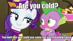 Size: 612x350 | Tagged: safe, edit, edited screencap, screencap, rarity, spike, dragon, pony, unicorn, dragon quest, g4, my little pony: friendship is magic, apron, blushing, caption, clothes, female, image macro, innuendo, male, mare, meme, rarity's bad pickup lines, ship:sparity, shipping, straight