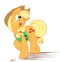 Size: 1659x1724 | Tagged: safe, artist:arnachy, applejack, earth pony, pony, g4, winter wrap up, clothes, cowboy hat, female, hat, looking back, mare, plant team, simple background, solo, vest, white background, wink, winter wrap up vest