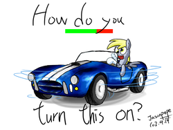 Size: 1012x759 | Tagged: safe, artist:jasonpepe, derpy hooves, pegasus, pony, g4, age of empires, car, cheat code, female, how do you turn this on, mare, rts, shelby, shelby cobra, this will end in a car crash