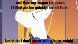 Size: 1280x720 | Tagged: safe, edit, edited screencap, screencap, prince blueblood, pony, unicorn, g4, the best night ever, black text, image macro, impact font, male, movie reference, prince humperdinck, stallion, text, the princess bride