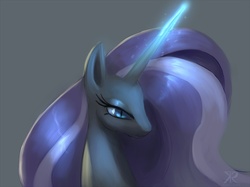Size: 890x667 | Tagged: safe, artist:grissaecrim, nightmare rarity, pony, unicorn, g4, spoiler:comic, bust, female, glowing horn, gray background, horn, mare, portrait, possessed, simple background, solo, three quarter view