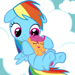 Size: 4200x4200 | Tagged: safe, artist:beavernator, rainbow dash, scootaloo, pony, g4, absurd resolution, baby, baby pony, baby scootaloo, cloud, cute, female, foal, holding a pony, scootalove, siblings, sisters