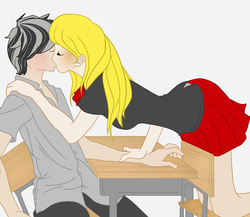 Size: 1280x1110 | Tagged: safe, artist:snarkydick, oc, oc only, oc:star sparkler, oc:ticket, human, female, humanized, kissing, male, shipping, straight, table, ticketsparkler