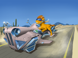 Size: 2048x1536 | Tagged: safe, artist:yakovlev-vad, oc, oc only, earth pony, pony, cactus, desert, dieselpunk, goggles, hoverbike, riding, road, sky