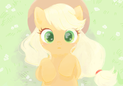 Size: 600x420 | Tagged: safe, artist:jiita, applejack, g4, blushing, female, on back, solo