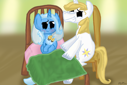 Size: 1800x1200 | Tagged: safe, artist:martymurray, prince blueblood, trixie, g4, bed, blushing, female, foal, grin, male, offspring, parent:prince blueblood, parent:trixie, parents:bluetrix, ship:bluetrix, shipping, smiling, straight