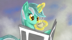 Size: 2100x1167 | Tagged: safe, artist:ardail, lyra heartstrings, pony, unicorn, g4, coffee, cup, drink, drinking, female, magic, morning ponies, newspaper, solo, telekinesis